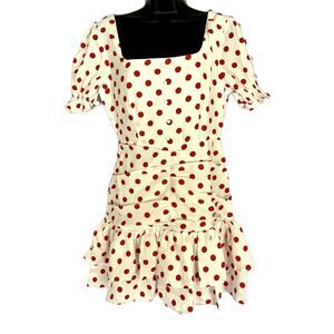 Revolve Endless Rose Puff Sleeve Ruffle Dress White Red Polka Dot Women’s Size M